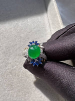 JO230001 The Secret Garden | Icy Grand Green Jadeite Cabochon with Diamond and Sapphire in 18K White Gold Ring Setting