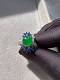 JO230001 The Secret Garden | Icy Grand Green Jadeite Cabochon with Diamond and Sapphire in 18K White Gold Ring Setting