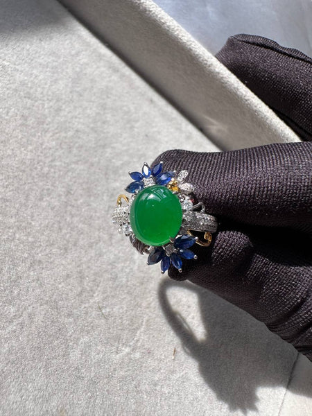 JO230001 The Secret Garden | Icy Grand Green Jadeite Cabochon with Diamond and Sapphire in 18K White Gold Ring Setting