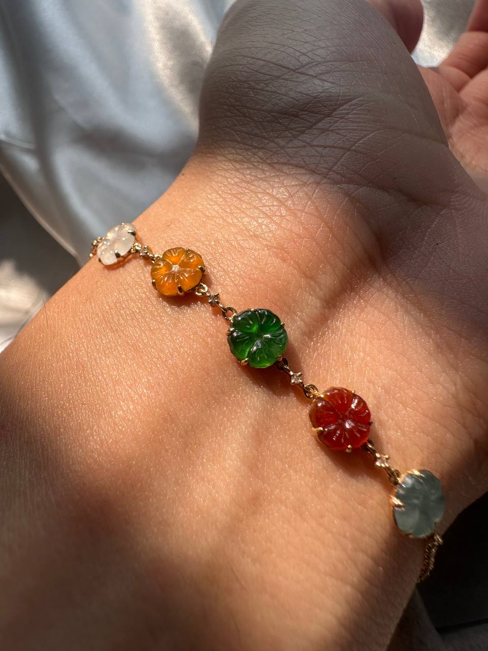 JO230007 Let Me Bloom with You | Flower Carved Jadeite in 18K Yellow Gold Bracelet